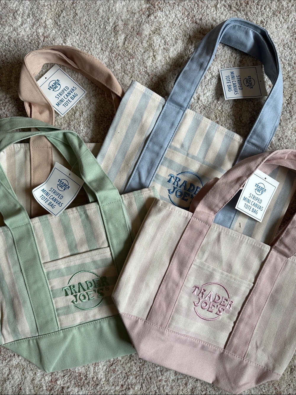Trader Joe’s Striped Mini Canvas Tote Bag - Pink, Blue, Green, Beige. BNWT!